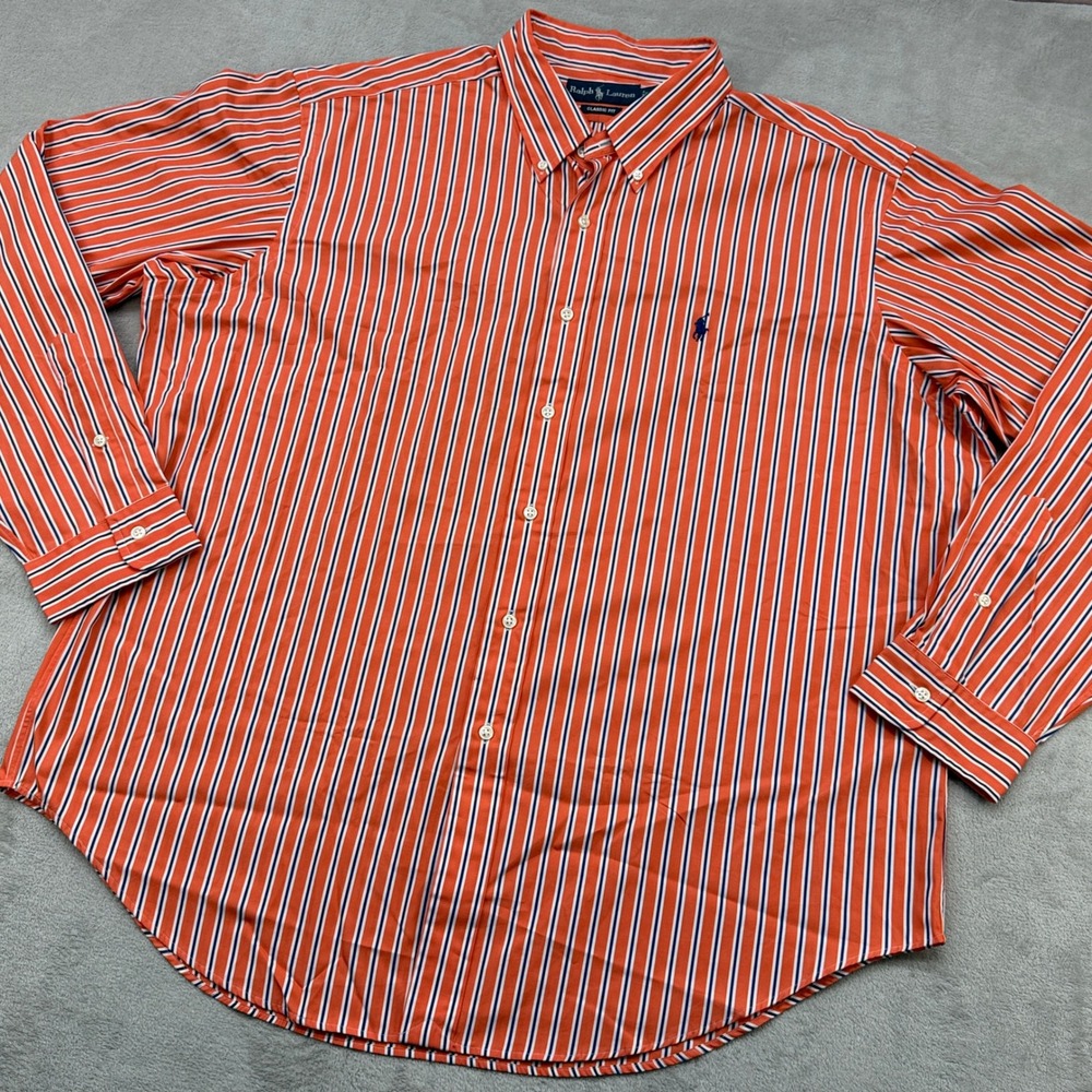 VTG Ralph Lauren Button Down Shirt Men XXL Orange Striped Classic Fit Preppy